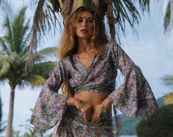 Bohemian Chic Wrap Top || Flared Sleeves Fluid Top || Flowery Print Crop Top || Long Sleeves Top