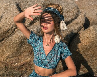 Bohemian Chic Open Back Top || Short Sleeve Open Back Crop Top || Floral Print Ethnic Crop Top