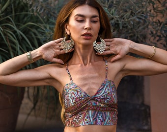 Bohemian Twist Front Crop Top || Mandala Print Ruched Cami Top || Elasticated Back Crop Top