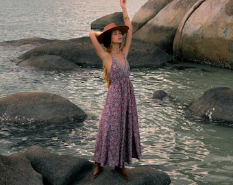 Strappy Bohemian Dress || Floral Print Long Dress || Open Back Fluid Dress || Lightweight Summer Dress  || Chic Ethnic Dress