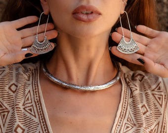 Oversized Tribal Hoop Earrings Decorated With Geometric and Oriental Patterns || Ethnic Bohemian Atypical Long Brass Hoop Earrings