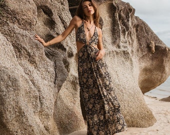 Backless Dress With Ring on the Front and Opening Above The Hips || Open Back Dress with Sides Slit || Long Halter Dress  To Tie in the Back