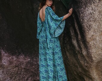 Petrol Bohemian  Long Butterfly Sleeves Maxi Dress || Low Back Paisley Print Maxi Dress || V Neckline Polyester Dress