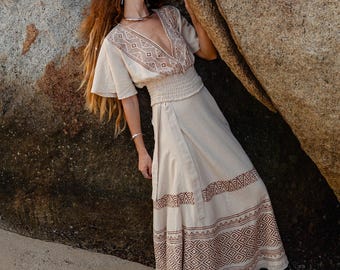 Free Size Bohemian Chic Long Skirt || Block Print Flared Skirt Hand Printed || Natural Colored Raw Cotton Wrap On  Skirt