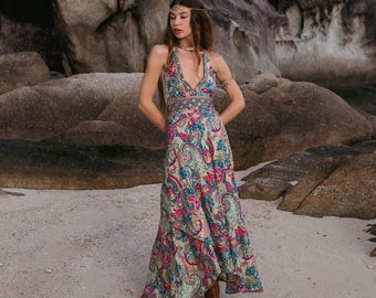 Long Backless Blue And Golden Summer Boho Dress || Free Size Polyester Fluid Wrap Dress  || Paisley Print Backless Dress