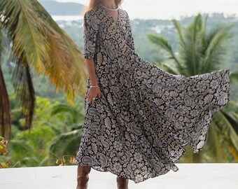 Bohemian Black and White With Golden Hilight Wrap Dress || Long Floral Print Dress || Polyester Butterfly Sleeves Maxi Dress