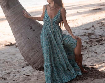 Elegant Shades Of Blue  Bohemian Evening Dress || Ruffled Long Dress With Low Back || Free Size Floral And Paisley Print Party Dress