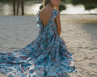 Elegant Kaliedoscope Bohemian Evening Dress || Ruffled Long Dress With Low Back || Free Size Large Psychedelic Print Party Dress