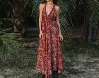 Maxi Burgundy Open Back Dress || Long Bohemian Slit Halter Dress || Summer Free Size Flowy Dress || Backless Paisley Print Dress