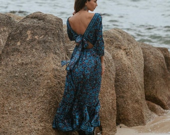 Bohemian Chic Maxi Dress || Floral Tie Back Dress || Fluid Flared Sleeve Dress || Ruffled Bottom Dress
