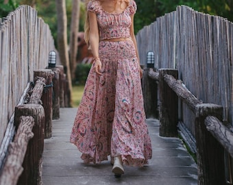 Pink Paisley Print Bohemian Wide Pants || Floral Print Flared Pants ||  Fluid Summer Pants || Palazzo Trouser Free Size || Pants-Skirt