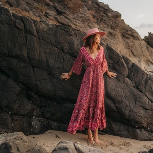 Bohemian Chic Maxi Dress Floral Tie Back Dress Fluid Flared Sleeve Dress Ruffled Bottom Dress image 1