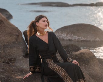 Black Bohemian Long Skirt || Golden Block Print Flared Skirt Hand Printed || Raw Cotton Wrap On  Skirt || Free Size Vegetable Dye Skirt