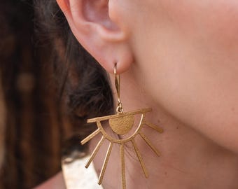 Half Circle Boho Light Weight Earrings Reminiscent to a Stylized  Eye || Spike Minimalist Dangle Earrings ||  Brass Sheet Women's Earrings