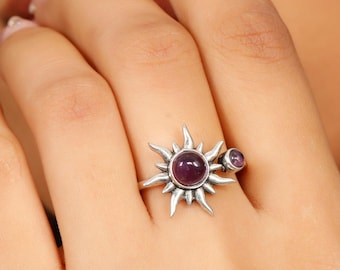 Sun and Moon Adjustable Ring With  2 Semi Precious Stones || Boho Brass Ring With Natural Stone || Ethnic Ring with with Celestial Design