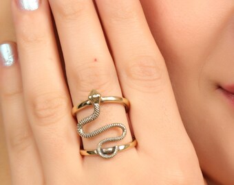 Modern Snake Ring in Brass | Contemporary Serpent Statement Ring | Sculptural Adjustable Ring | Gold Tone Minimal Jewelry | Bold Design Ring