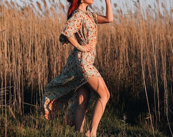 Handmade Beige Floral Maxi Dress | Bohemian Open Back, Side Slit