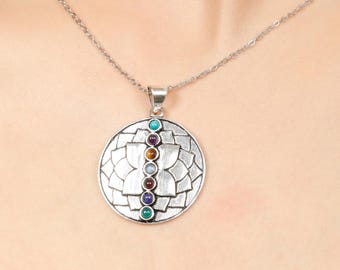 7 Chakras Semi Precious Stone Round Pendant || Lotus Spiritual Symbol Pendant With Gem Stone || Bohemian Pendant With Embossed Mandala