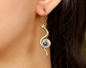 Snake Ethnic Viking Earrings With Stones || Boho Natural Stone Dangle Earrings || Norse Mythology Tribal Earrings || Bohemian Ethnic jewelry