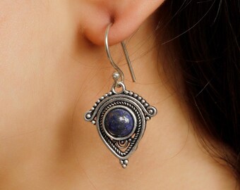 Ethnic Brass Earrings With Round Natural Stones || Tribal Style Real Stones Earrings || Oriental Dangle Earrings With Semi Preciouse Stone