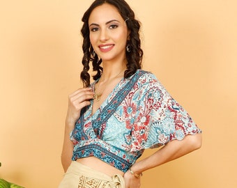 Boho Floral Print BlueTop || Butterfly Sleeves Ethnic Print Crop Top || Summer Short Top