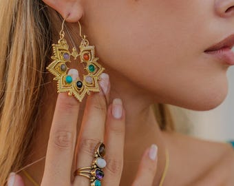 Large 7 Chakras  Brass Star Shape Hoop Earrings Adorn With Gemstones || Holistic,  Well Being Harmonizing Energy,  Spiritual jewelry