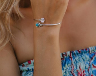 Lotus Design Bracelet with Semi Precious Stone || Semi-Open Rigid Ethnic Bracelet || Decorated  Bohemian Adjustable  Bangle