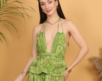 Boho Green Paisley Halter Top | Deep V Backless Bohemian Top | Festival Summer Outfit