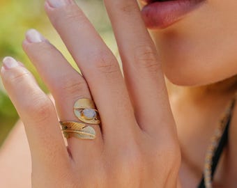 Adjustable Feather Wrap Ring With Oval Semi Precious Stone || Bohemian  Brass Ring || Ethnic Ring Symbole Of Inner Peace