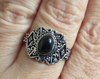 Boho Oval Gemstone Brass Ring | Vintage Scrollwork Ring | Adjustable Bohemian Jewelry
