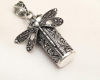 Dragonfly Secret Box Pendant | Openable Locket Necklace | Vintage Brass Jewelry | Silver Tone Keepsake Pendant | Hidden Storage Necklace