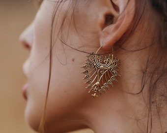 Decorated Drops Hoop Earrings || Openwork Ethnic Creoles || Oriental Swirl Pattern Earrings || Bohemian hoops