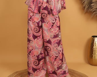 Burgundy Paisley Pareo Pants | Bohemian Tie Waist Wide Leg Trousers