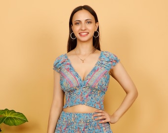 Boho Blue Print Fitted Croptop || Short Sleeves Smocked Top || Elasticated Printed Sort Bodice