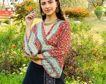 Red Boho Crop Top To Tie In The Back || Crop Top With Flared Sleeves And Open Back || Women's Summer  Floral Print Top