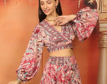Paisley Large Print Wine Polyester Boho Crop Top To Tie In The Back With Buttoned Puffed Sleeves And Open Back