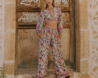 Floral Print Casual Pants || Bohemian Colorful Pants with Pockets || Wide Fluid Pants