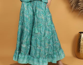 Turquoise Paisley Palazzo Pants | Boho Wide Leg Trousers | Gold Accent Print Pants | Elastic Waist Festival Bottoms | Flared Hippie Pants