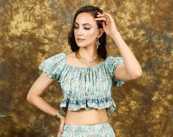 Puffy Sleeves Crop Top || Short Sleeves Floral Print Top || Bohemian Crop Top To Tie In The Back || Boho Clothing