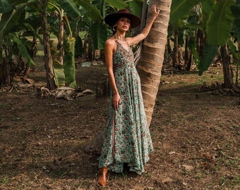 Robe Maxi Bohème à Nouer Dans Le Dos || Robe Longue Imprimé Floral Vert D'Eau || Robe D'Eté  Dos Nu Evasée Fluide