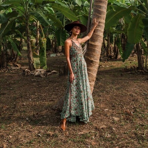 Handmade Bohemian Floral Maxi Dress | Aqua Green Backless Dress - Etsy