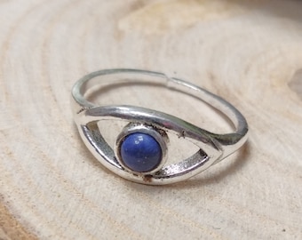 Talisman Eye  Ring with Natural Stone || Brass Adjustable Amulet Ring || Nazar Boncuk Silvered Adjustable Ring || Evil Eye Protection Ring