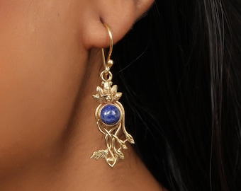 Art Nouveau Vine Earrings with Natural Gemstones | Golden Ivy Dangles | Handmade Vintage Brass Jewelry