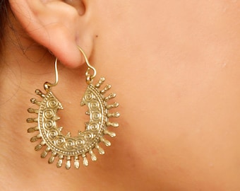 Ornamental Crescent Hoop Earrings | Spiral Engraved Brass Earrings | Tribal Half Moon Hoops | Ethnic Swirl Jewelry