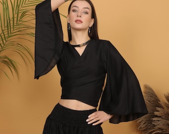 Black Viscose Wrap Crop Top | Boho Bell Sleeve Blouse, Minimalist Chic