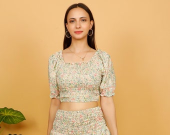 Boho Multicolor Liberty Print Fitted Croptop || Puffed Sleeves Smocked Top || Elasticated Printed Sort Bodice