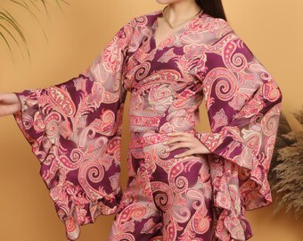 Boho Burgundy Paisley Wrap Top | Flowy Bell Sleeve with Frill | Festival Bohemian Blouse