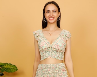 Boho Multicolor Print Fitted Croptop || Short Sleeves Smocked Top || Elasticated Printed Sort Bodice