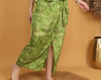 Green Paisley Pareo Skirt | Boho Tie Waist Maxi Skirt | High Slit Bohemian Skirt | Festival Sarong Style Skirt | Flowy Hippie Clothing