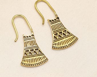 Ethnic Brass Earrings | Nomadic Tribal Earrings | Golden Brass Drop Earrings | Ancient Pattern Jewelry | Boho Tribal Dangle Earrings